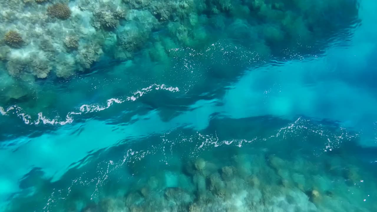 Movimento dall'alto di acqua tropicale limpida che scorre su una barriera corallina poco profonda con una linea di schiuma brillante, increspature illuminate dal sole, riflessi verde acqua e una serena texture marina, con dettagli di schiuma, corrente, flusso e onde