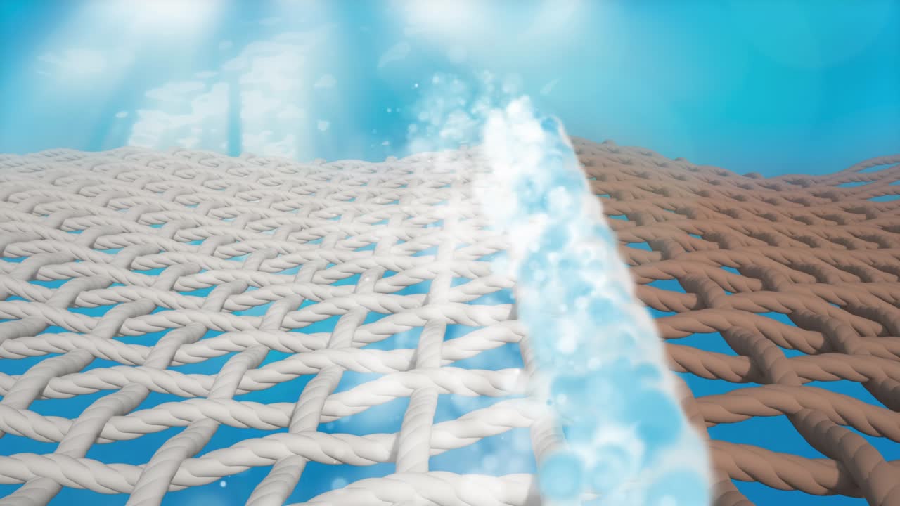 세탁 및 백화 액체 세탁, 파란 세탁제 청소 과정, 3d 애니메이션, 4k, 직물 구조