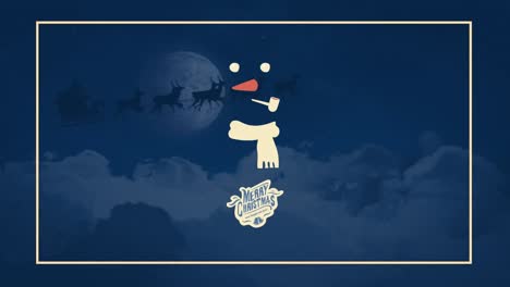 animation of merry christmas text and snowman over night landscape