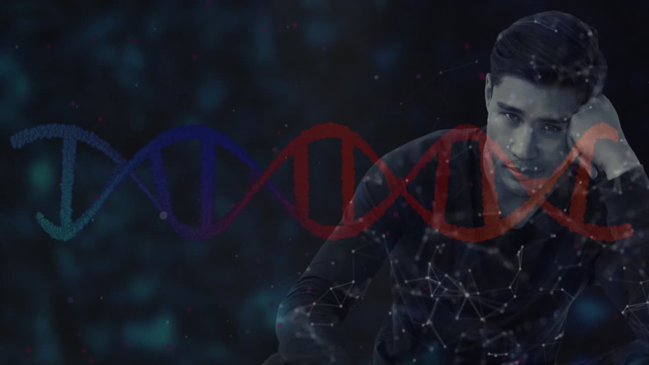 DNA strand animation over thoughtful person in dark, abstract setting