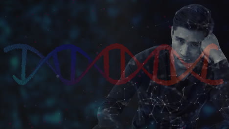 DNA strand animation over thoughtful person in dark, abstract setting