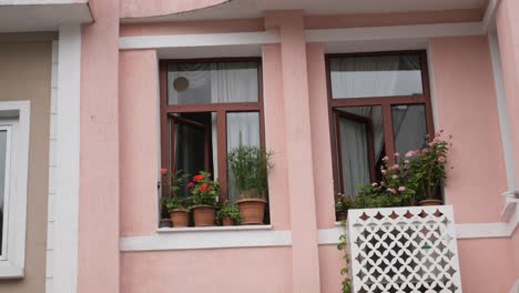 pink building with flowers and windows