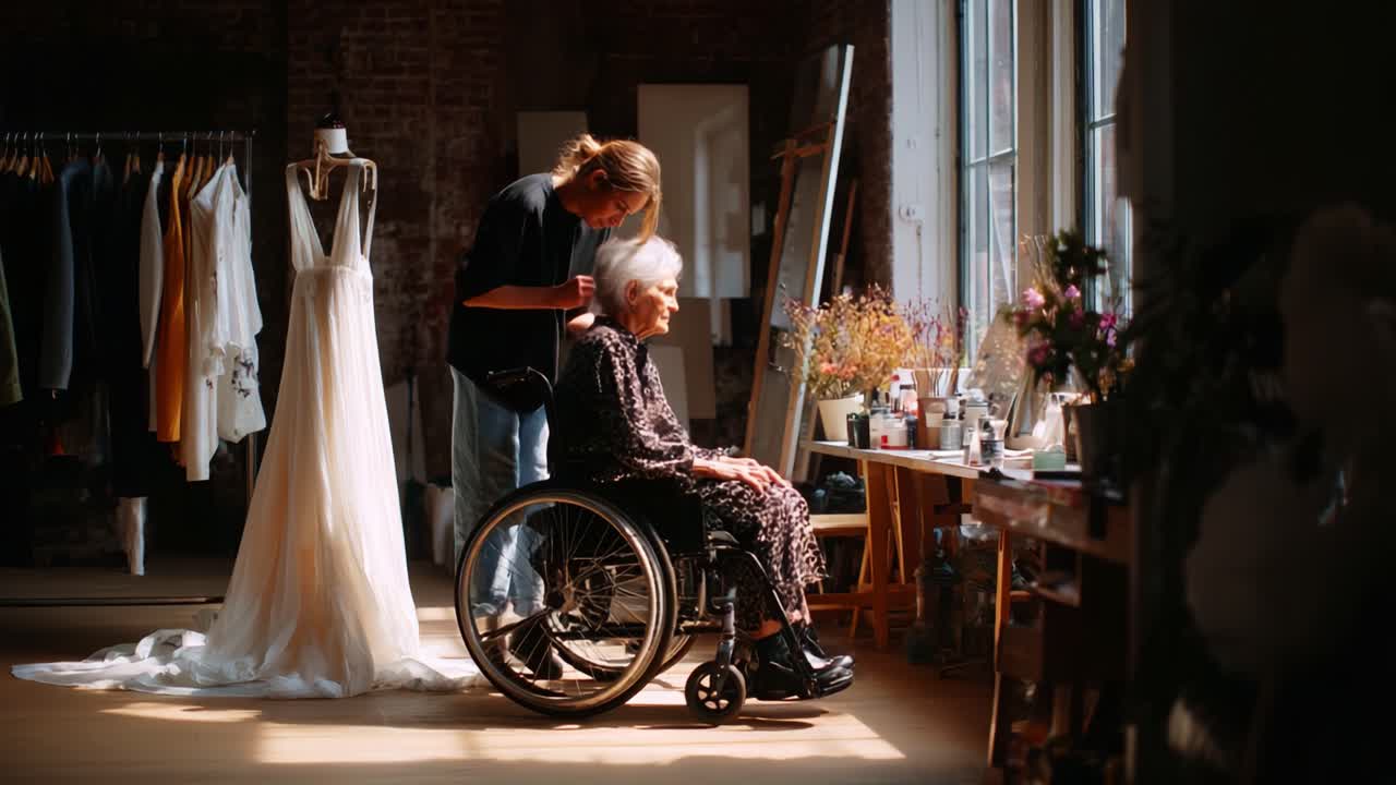 An Intimate Moment: A Skilled Hairstylist Gently Tending to an Elderly Woman in a Fashion Studio Surrounded by Elegant Wedding Dresses and Beautiful Flowers
