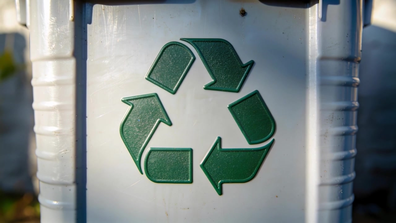 Telecamera in movimento con luce solare che si concentra su un logo verde del riciclo in rilievo su un bidone grigio per strada, rivelando una macchiolina.