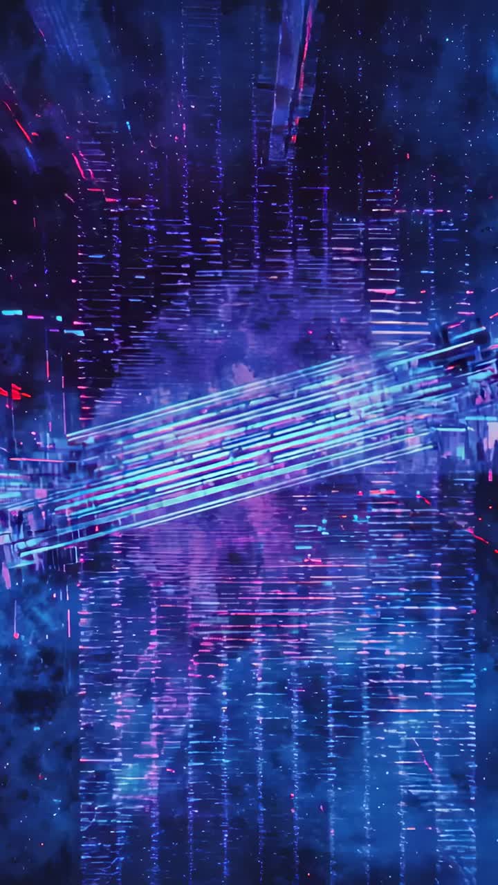 Video verticale: animazione di striature diagonali ciano-magenta che si spostano attraverso una nebulosa pulsante per un effetto glitch