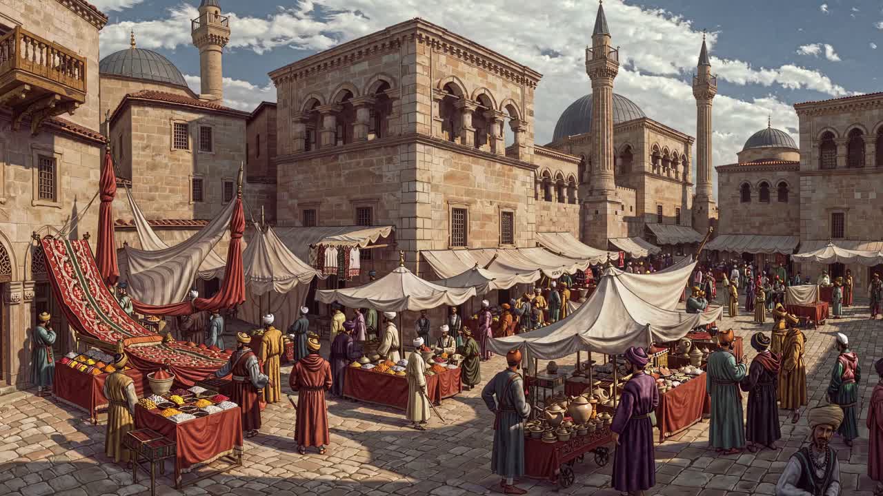 Aerial view of a bustling medieval market scene with stone buildings and colorful stalls