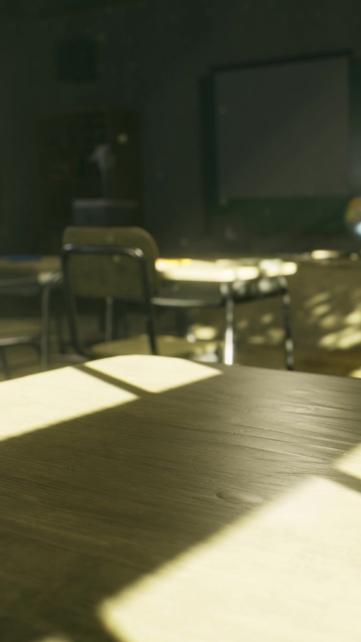Aula vuota con luce solare che illumina un tavolo e sedie di legno