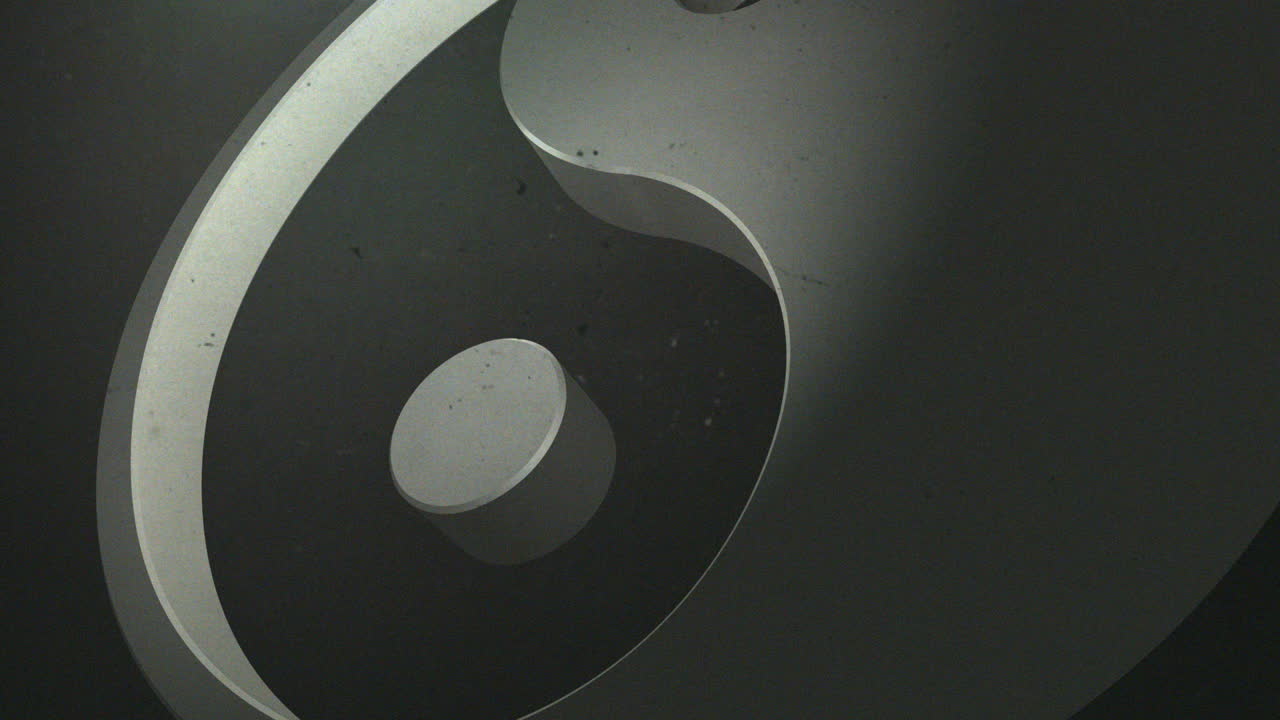 3d 인과 양의 상징, 두꺼운, 밀집된 대기를 통과, 부드러운 3d 회전 운동, 극적인 빛, 현실적인 외모와 느낌, 근접, 느린 동작, 보완적인 힘의 cg 애니메이션.