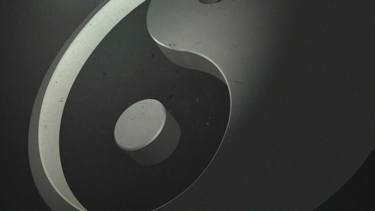 3D Yin and yang symbol, passing through a thick, dense atmosphere, smooth 3D revolving motion, dramatic light, realistic look and feel, close-up, slow-motion CG animation of complementary forces