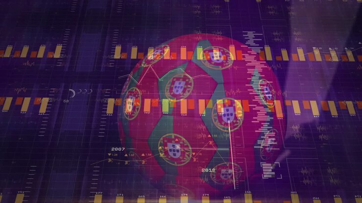 Animazione che sovrappone grafici e diagrammi di dati digitali su pallone da calcio con colori