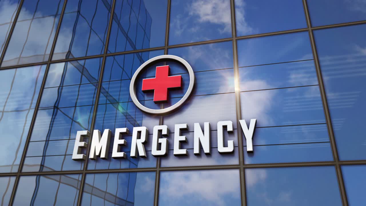 응급 및 병원 유리 마천루와 거울 하늘 루프 애니메이션