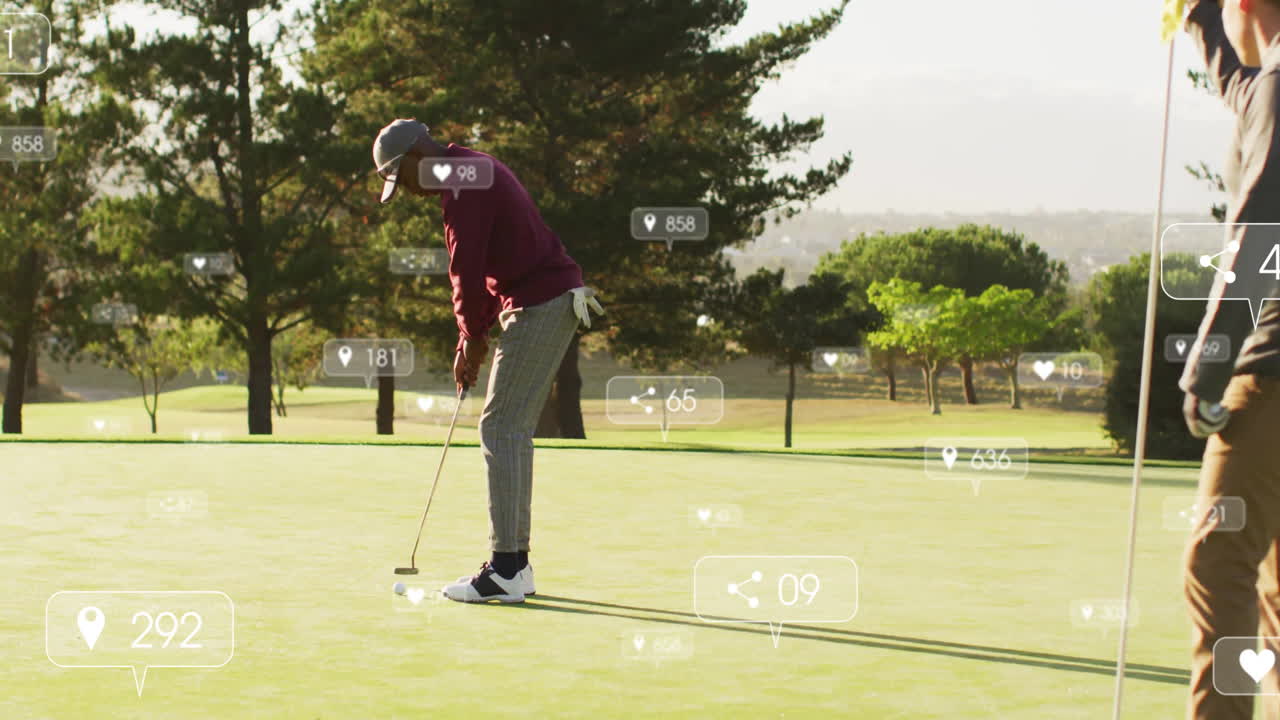 Male golfer lining up putt near flagstick, showcasing sports marketing with social media icons