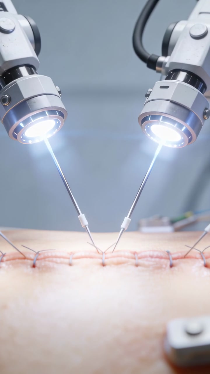 Vertical video: Descending robotic arms aligning and tensioning sutures to close incision in OR