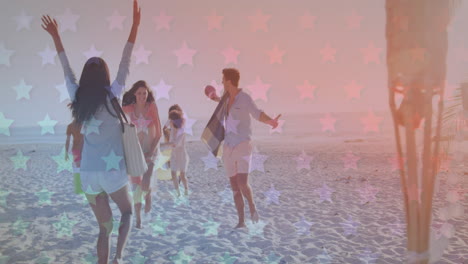 multiple blinking stars against group of friends walking at the beach