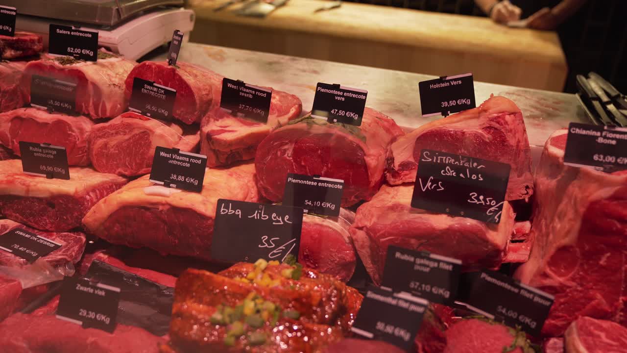High-Quality Cuts of Beef on Display at a Butcher Shop