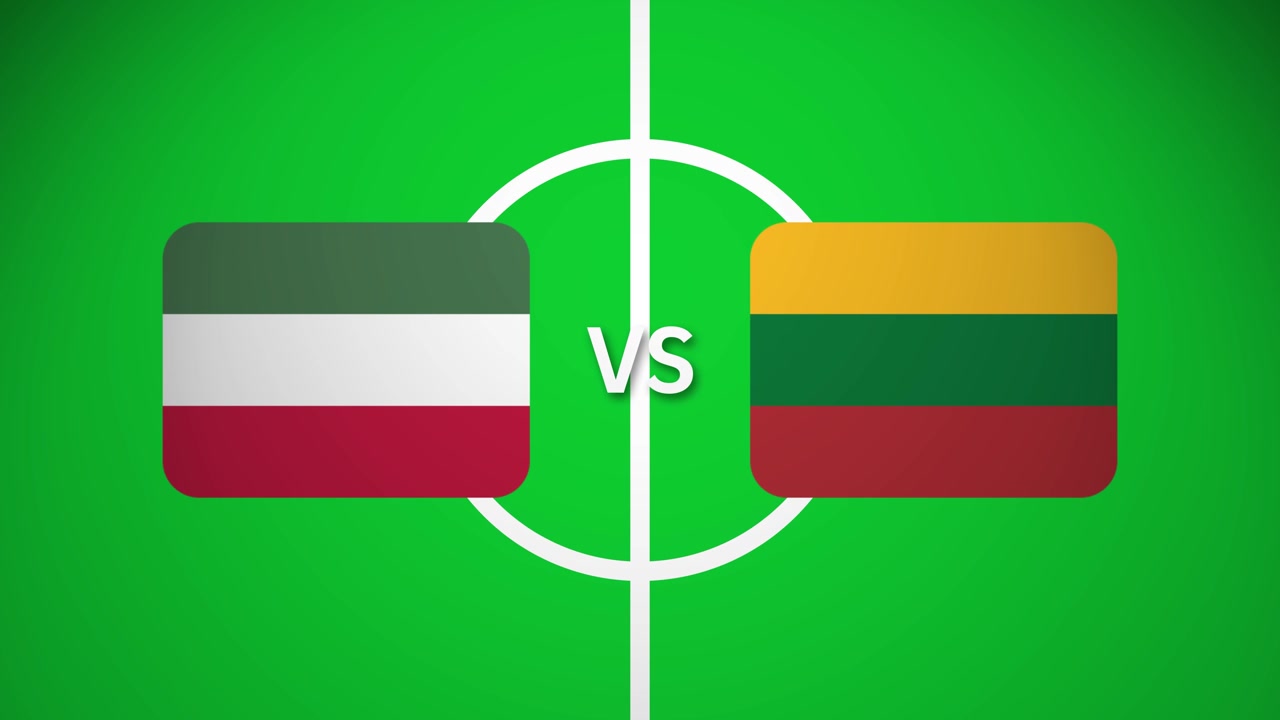 Grafica animata di calcio: bandiere di Ungheria e Lituania su campo verde con cerchio centrale. "VS" indica la prossima partita. Visualizzazione sportiva dinamica per torneo internazionale di calcio.