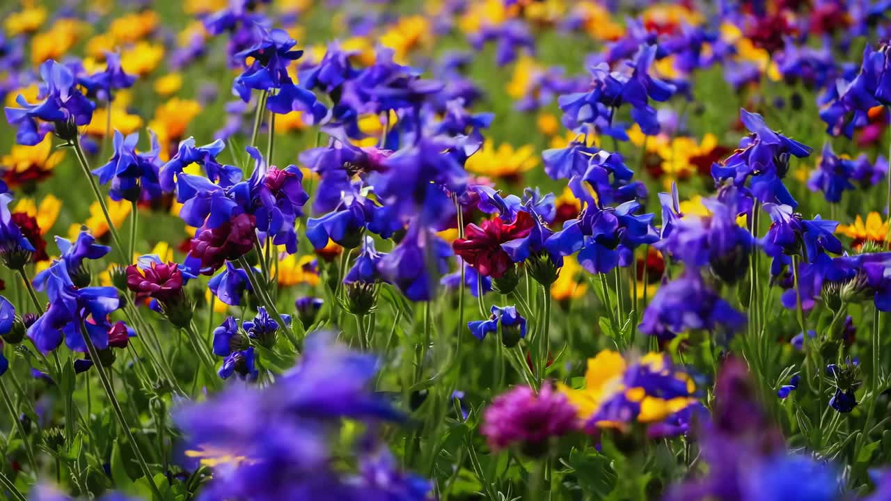 Campo vivace di fiori viola e gialli catturato da una angolazione bassa, perfetto per una natura serena
