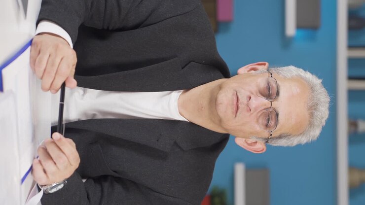 Vertikal video af en hjemmekontorarbejder, der nikker til kameraet og siger nej, nej.