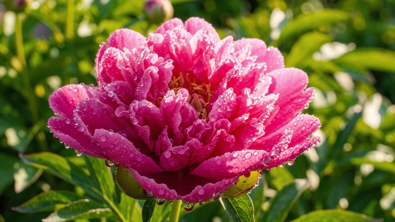 Gros plan captivant sur une pivoine rose en fleur avec la rosée matinale scintillant sous la lumière du soleil dans un jardin luxuriant