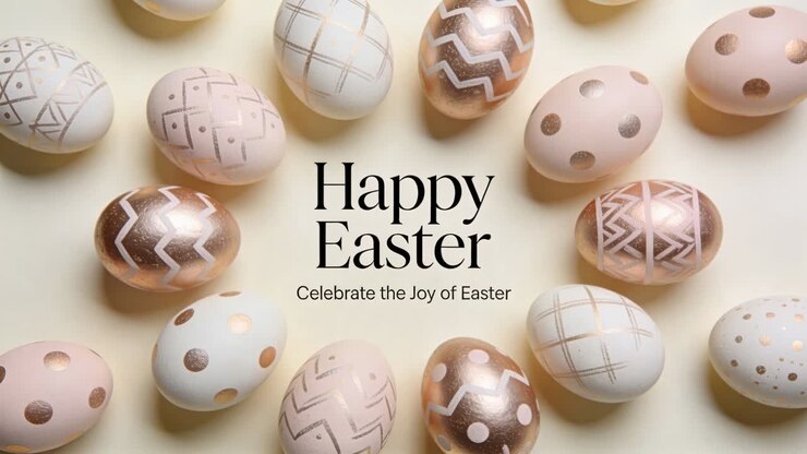 Zooming camera revealing metallic egg ring on cream tabletop, highlighting Happy Easter message