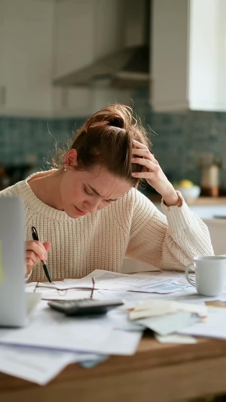 Video di una donna stressata a un tavolo da cucina, ripresa da un'angolazione laterale, mentre prende appunti