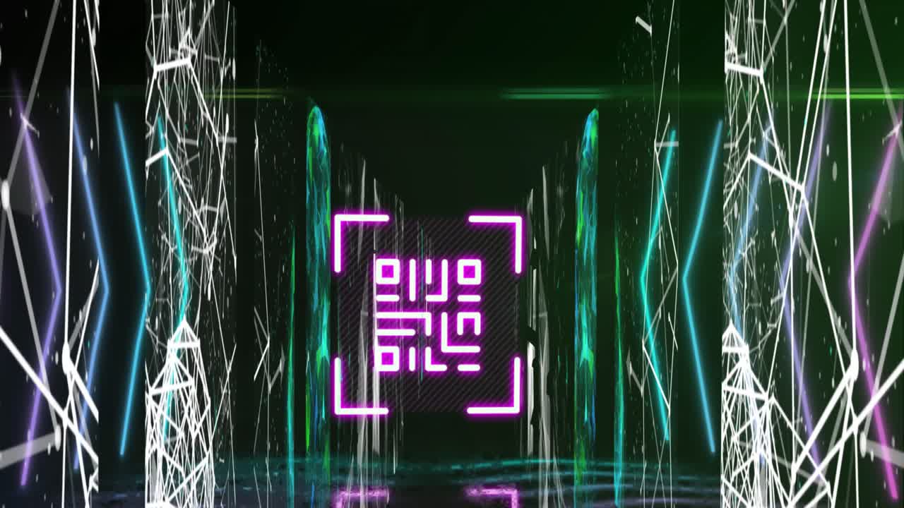 escáner de código qr con elementos de neón contra pantallas de redes de conexiones