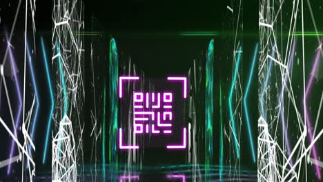 QR code scanner with neon elements against screens of networks of connections