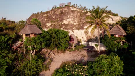 nipa huts at rumah pohon tree house on cliffs of nusa penida in bali, indonesia