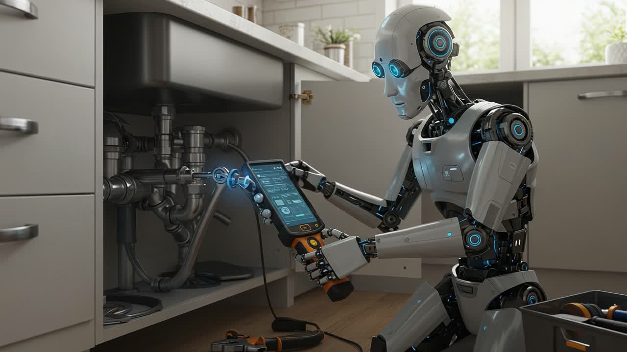 A futuristic robot technician expertly examines plumbing under a kitchen sink, utilizing advanced tools for maintenance and repair, showcasing technology in everyday home tasks