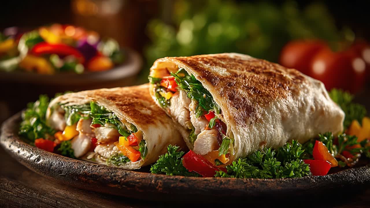 Deliciously Grilled Chicken Wraps Surrounded by Fresh Vegetables and Herbs on a Rustic Wooden Plate, Perfect for a Healthy Meal or Snack