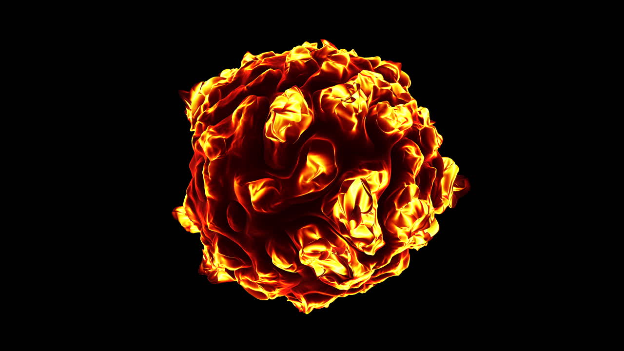 Glowing fiery plasma ball with swirling flames and molten texture rotating in darkness, dramatic heat energy concept background for VFX, sci fi, danger, and power