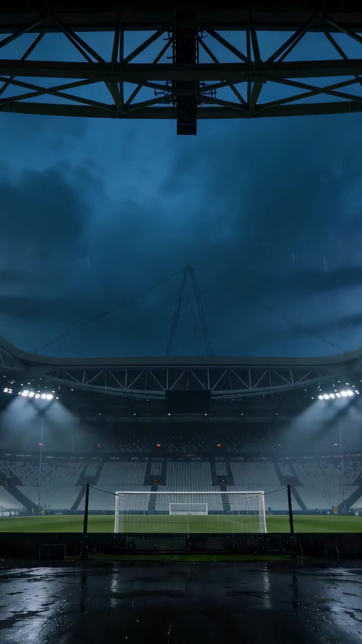 Video verticale: Telecamera che si inclina verso l'alto mostrando una porta da calcio e il campo sul tetto dello stadio, incorniciando un cielo tempestoso.