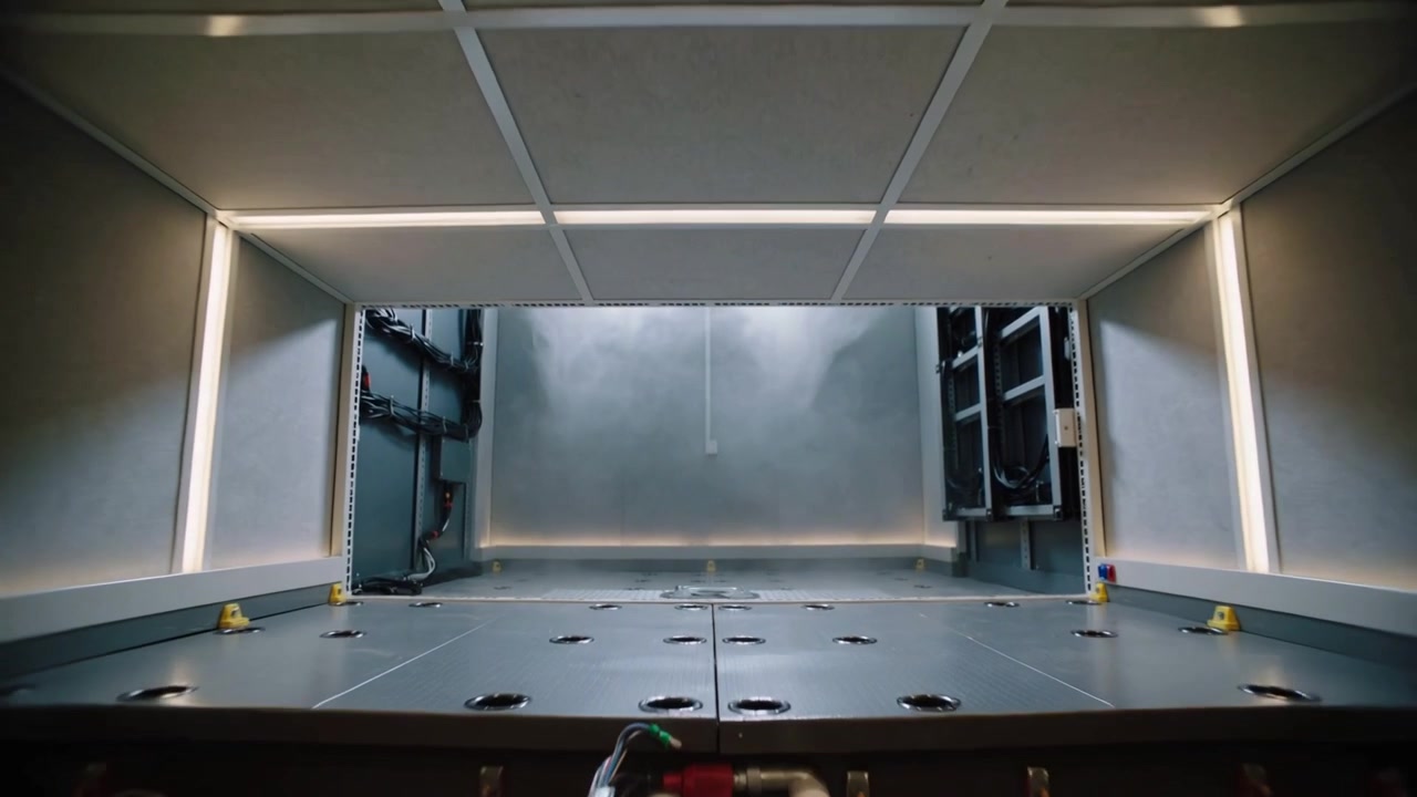 Actuator activating cabinet, lowering perforated floor and exposing cables and pipes for service