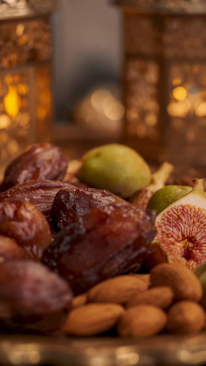 Vertical video: Pulling back camera revealing scene on tabletop, showing dates, halved fig, almonds