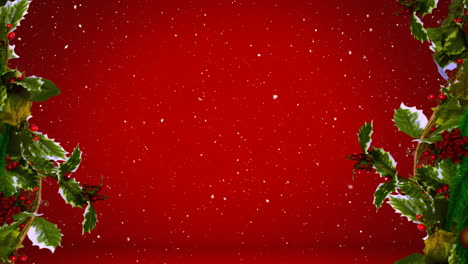 nieve cayendo sobre las decoraciones de la corona de navidad contra el espacio de copia en fondo rojo