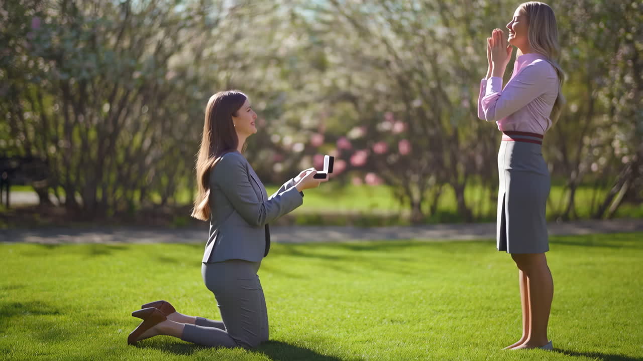 Two women propose in the park