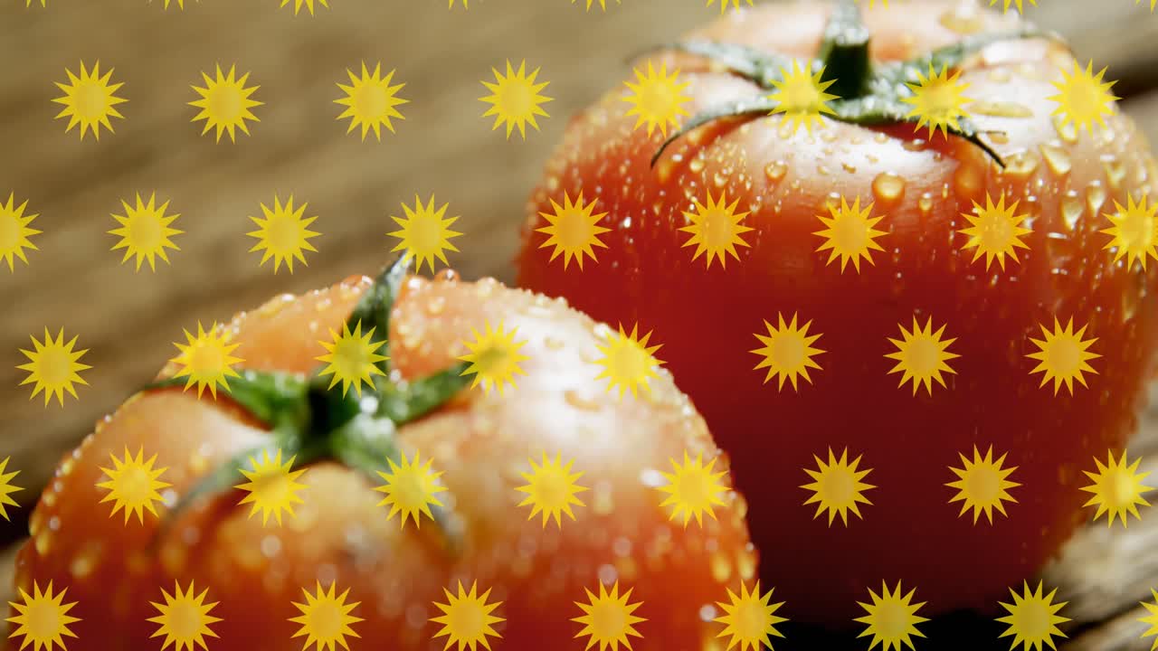 토마토 위에 여러 개의 태양이 떨어지는 애니메이션