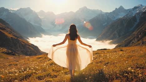 young woman with long hair wearing a white dress walking in a mountain meadow holding her dress enjoying the sunrise over the clouds with snowy peaks in the background during a beautiful sunny day