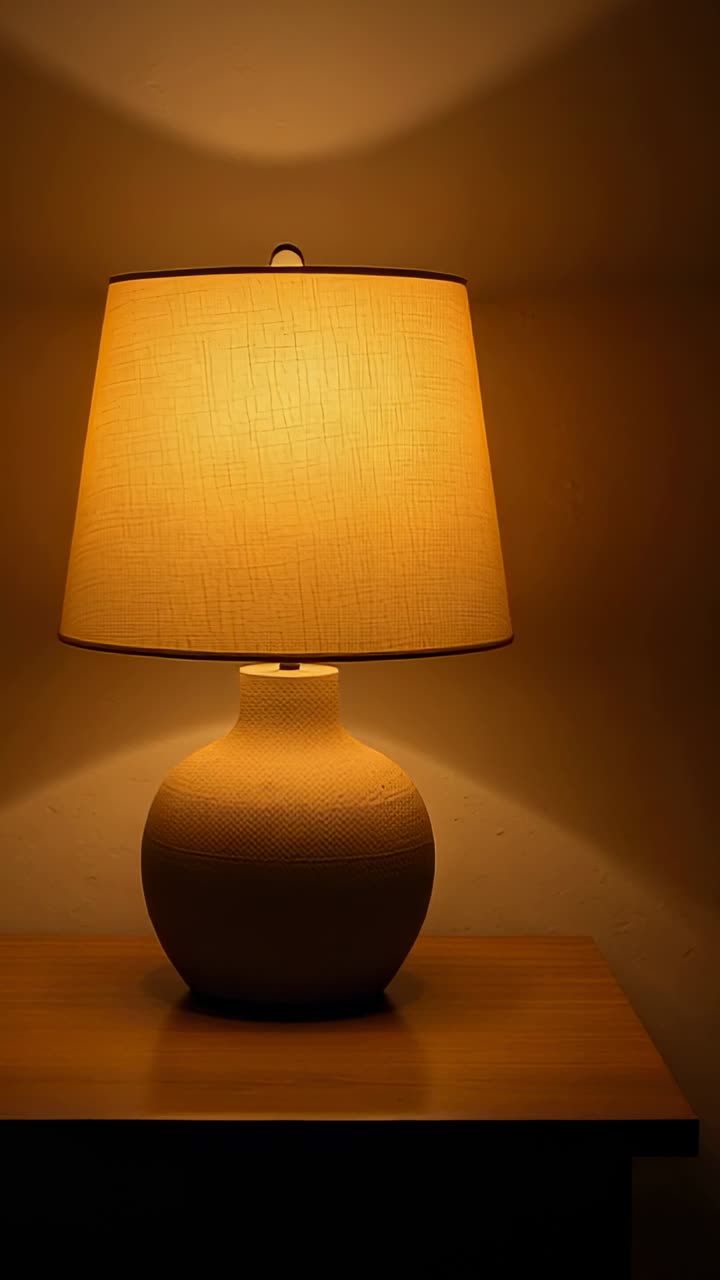 Video verticale: Una lampada con paralume in tessuto luminoso su un tavolo di legno nell'angolo di una stanza, che proietta ombre sulle pareti.