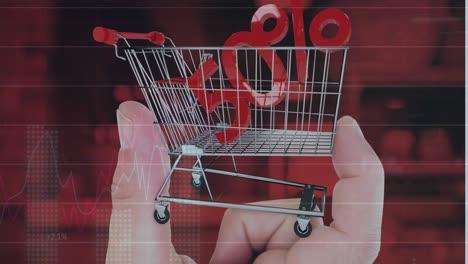 animation of data processing over 50 percent and hand with shopping cart