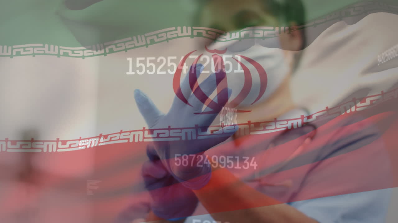animación de la bandera de irán con estadísticas y un médico enmascarado que se pone guantes
