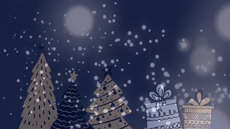 Animation-of-snow-falling-over-christmas-trees-and-presents-in-winter-scenery