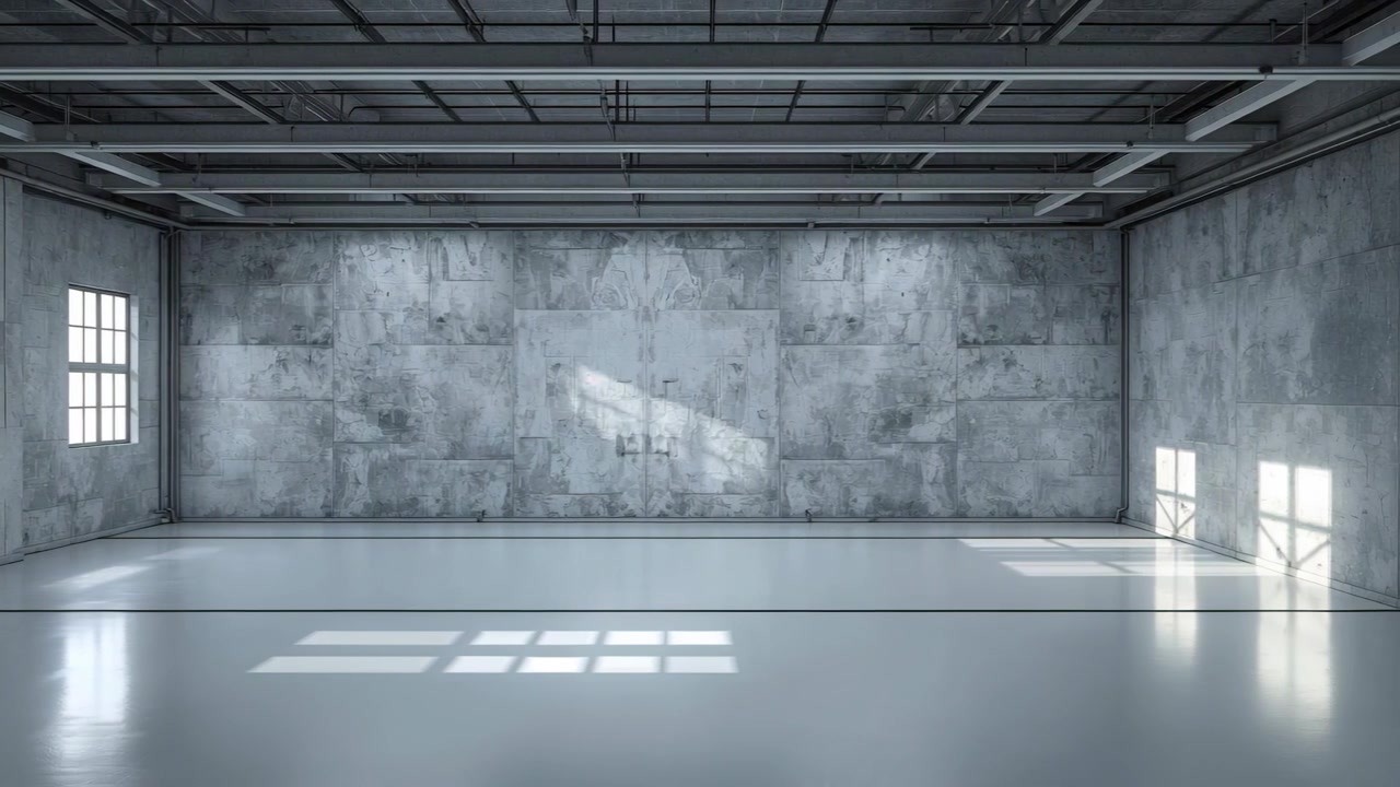 Shifting sunlight casting polished floor highlights across empty bay, sun moving, revealing windows