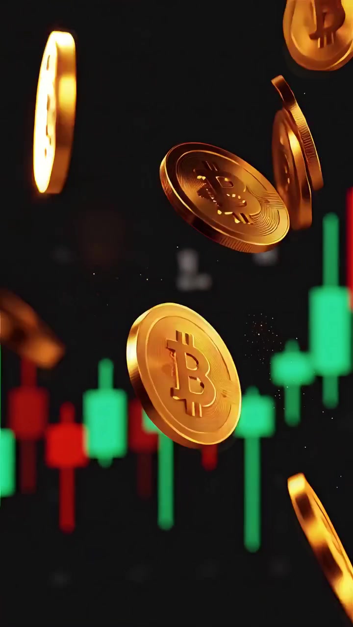 Moedas de Bitcoin douradas com fundo de gráfico de velas desfocado 4K