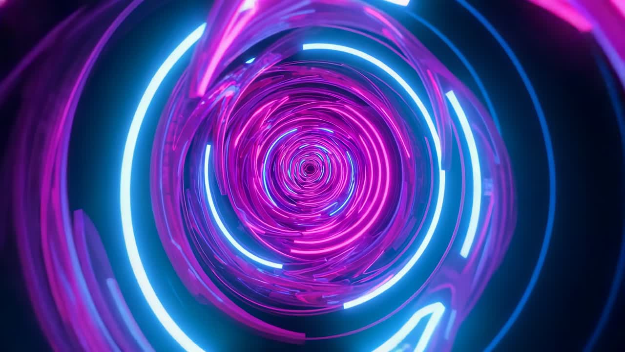 Starting magenta neon tube rings rotating, adding cyan and accelerating into void, deepening pull