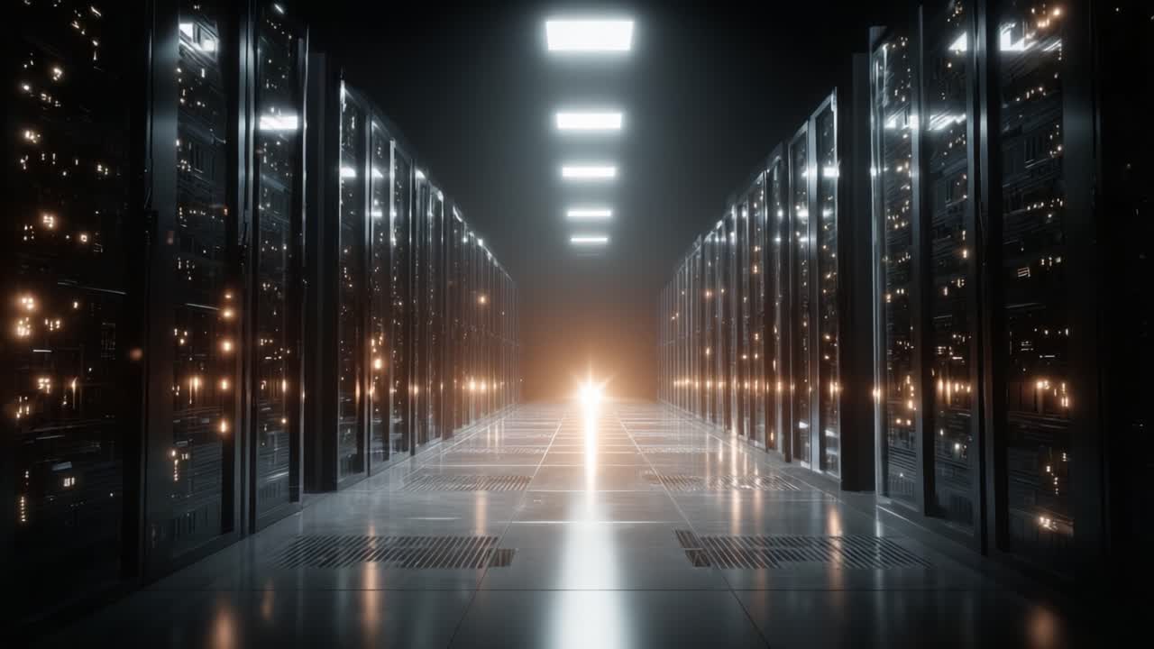 En rolig rejse gennem et moderne datacenter, der fremviser rækker af glimtende serverrack under skarpt LED-lys med et fokuseret skær for enden af gangen