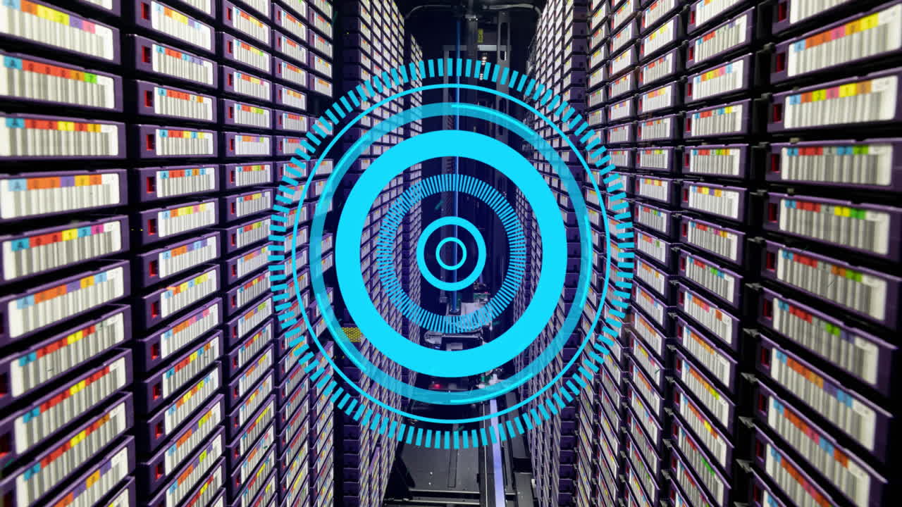 Animation of neon blue round scanner spinning against computer server room