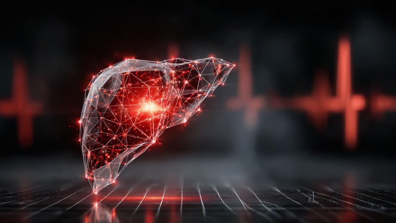 A Futuristic Visualization of the Liver in a Digital Environment with Vibrant Red Highlights and a Background Featuring Heartbeat Patterns