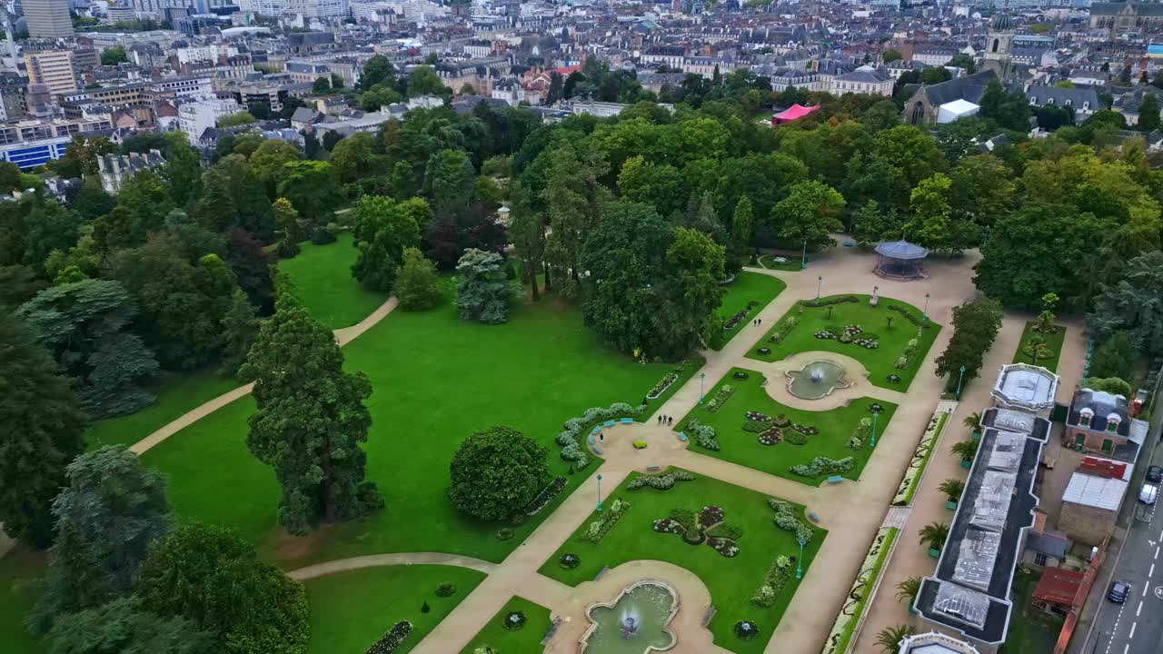 Thabor gardens with fountains and flower beds, Rennes in France. Aerial drone panoramic view