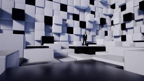 tv presenter in virtual studio news with white and black cubes.